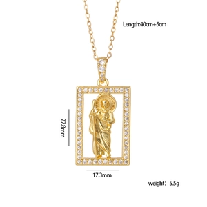 Gold square St. Jude pendant necklace with cubic zirconia border on a 40cm chain