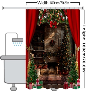Christmas shower curtain detail showing 180x180cm size with festive tree and fireplace
