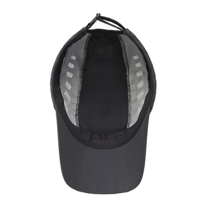 Inside view of black quick-dry baseball cap with breathable mesh and adjustable strap