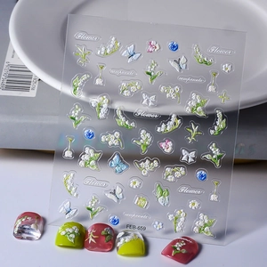 5D Relief Nail Stickers Lily Of The Valley Flowers Butterflies Embossed Manicure Self Adhesive Waterproof DIY Decoration