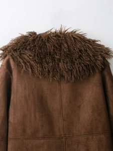 Detail of faux suede jacket back with voluminous long-hair plush collar in dark brown