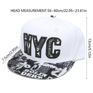 Detail of white NYC hip hop hat with black graffiti embroidery and size measurements