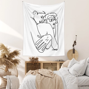 Modern minimalist wall tapestry featuring abstract black line art of a hugging couple