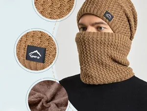 Close-up of winter knit hat and scarf set with thick fleece lining and Sport leather patch