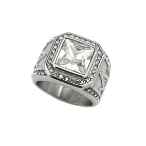 Vintage stainless steel Freemason ring featuring a large square gemstone and side accents