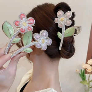 Pince À Cheveux Fleur Émail Alliage Strass Élégante Florale Femme