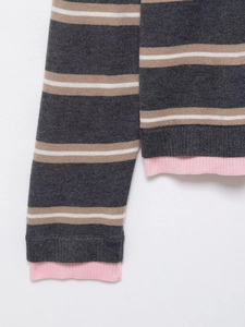 Detail view of striped knit polo with contrast pink ribbed cuffs and layered grey textures