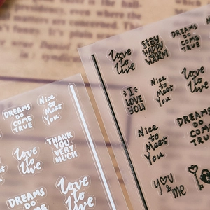3D transparent adhesive nail stickers with retro English phrases and heart icons