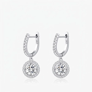 Moissanite Halo Drop Earrings With 925 Sterling Silver Earring Post Round Brilliant D Color VVS1 Sparkling Jewelry Women