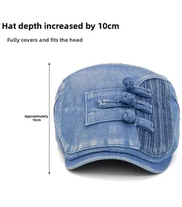 Detail view of light blue denim beret with 10cm depth and traditional frog buttons