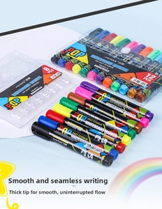 Close-up of assorted colorful whiteboard markers in a 12-pack set with durable broad tips