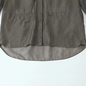 Taupe vertical striped long sleeve shirt with curved hem and delicate textured fabric