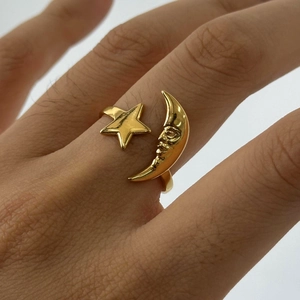 Stainless Steel Star Moon Ring 18K Gold Plated Adjustable Open Finger Ring Fashion Jewelry For Women Man In The Moon