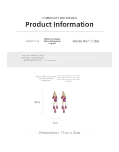 Detail view of pink crystal tassel earrings with dimensions 11cm by 2cm and silver pins