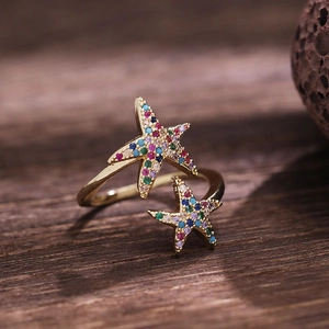 Adjustable golden double starfish ring with colorful zircons in bohemian hip-hop style