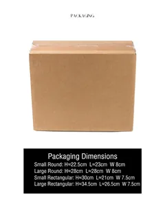 Detailed dimensions and packaging specifications for round and rectangular trays