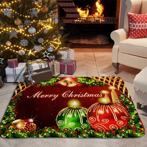Close-up of flannel Christmas mat with Merry Christmas text and festive bell patterns