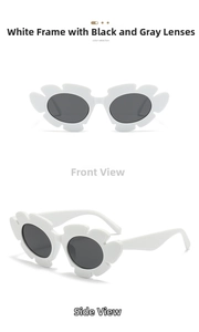 Detail view of flower shaped white sunglasses with dark lenses from multiple angles