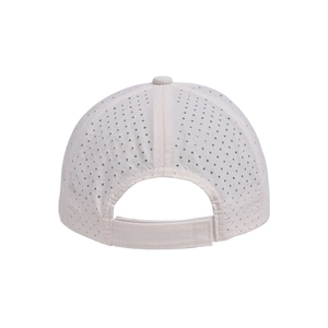 Detail view of quick-dry baseball cap featuring breathable laser-cut holes and velcro strap