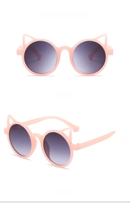 Pink cat ear sunglasses for kids with grey gradient lenses shown in front and side views