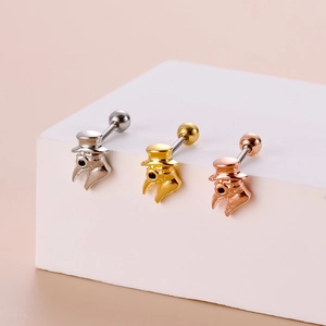 Detailed view of plague doctor bird mask earrings in silver, gold, and rose gold finish
