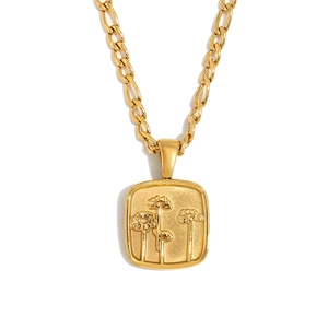 Collier en acier inoxydable plaqué or 18 carats avec pendentif fleur carrée et chaîne figaro