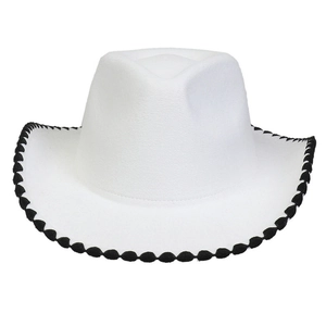 Detailed view of white wool fedora hat with black stitched edges and western cowboy style