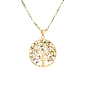 Goldene Lebensbaum-Halskette mit bunten Zirkoniasteinen und feiner Kugelkette