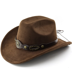 Western Cowboy Hat Faux Suede Wide Brim Decorative Leather Band Metal Rivets Bull Head Concho Outdoor Travel Unisex