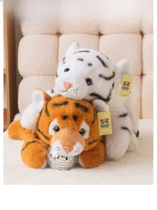 Detailed view of plush tiger toys in white and orange with soft texture and disco ball