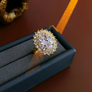 Detailed view of an oval zircon gold-plated ring showcased in a luxury jewelry box