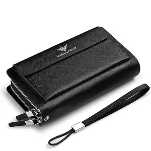 Classic black cross-pattern leather men's business clutch with double zippers and wrist strap