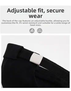 Detailansicht der schwarzen Mütze mit verstellbarer Metallschnalle und Twill-Stoffstruktur