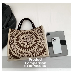 Detailed close-up of large linen tote bag with sun patterns and round leather handles
