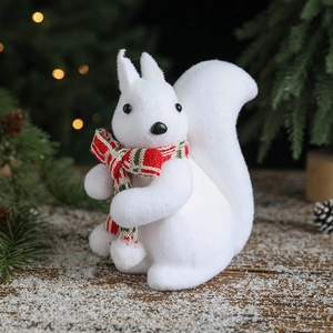 White flocked squirrel figurine with plaid bow for Christmas tabletop decoration