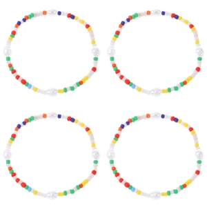 Bohemian colorful beaded bracelet set with white pearls in a four-piece grid display