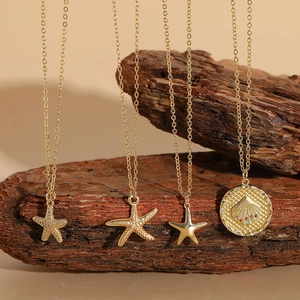 Ocean Theme Starfish Pendant Necklace Copper 14K Gold Plated Zircon Shell Medallion Beach Vacation Jewelry For Women