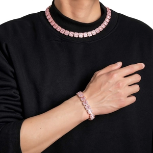 13mm hip hop rose gold necklace and bracelet set with pink square-cut baguette crystals