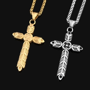 Colliers croix fleur en acier inoxydable poli or et argent avec chaîne maille