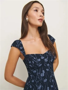 Elegant navy blue floral print slim fit dress with square neck and butterfly sleeves