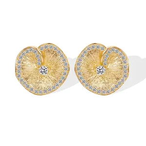 925 Sterling Silver Stud Earrings Gold Plated Brushed Lotus Leaf Pleated Texture Micro Zirconia Vintage Elegant For Women