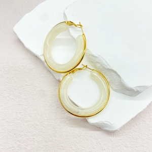 18K gold-plated stainless steel large hoop earrings with cream resin inlay on stones