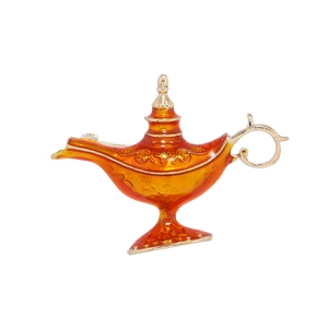 Exotic vintage Aladdin lamp brooch in gold metal with amber orange enamel finish