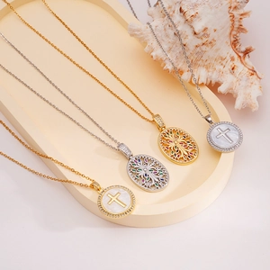 Cross necklaces with colorful zircons and white shells in gold and silver plating