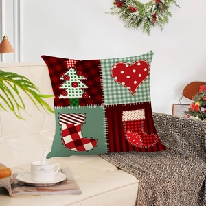 Linen Christmas tree pillow cover with stripes and dots on a cozy beige sofa