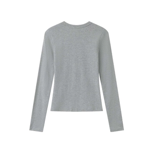 Detail shot of grey modal stretch long sleeve t-shirt fabric texture and round neckline