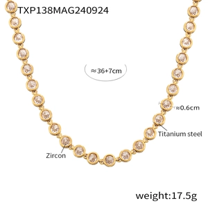 Detail view of titanium steel gold necklace with zircon inlays and technical dimensions