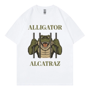 White cotton t-shirt with Alligator Alcatraz graphic and round neck in flat lay view