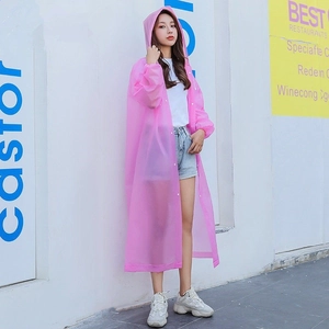 Reusable pink translucent hooded raincoat for women, ideal for outdoor travel and hiking