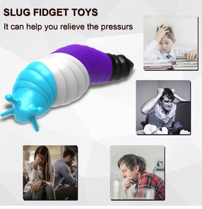 Detail showing colorful flexible slug fidget toy with collage of stress relief scenes